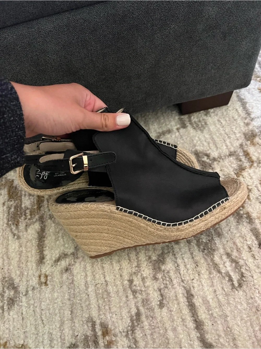 Seychelles Black Leather Espadrille Wedge Sandals
